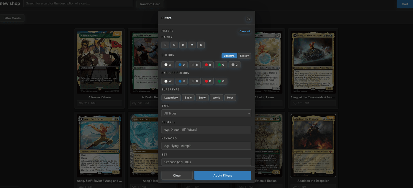 Filter panel for narrowing cards by rarity, color, supertype, and set